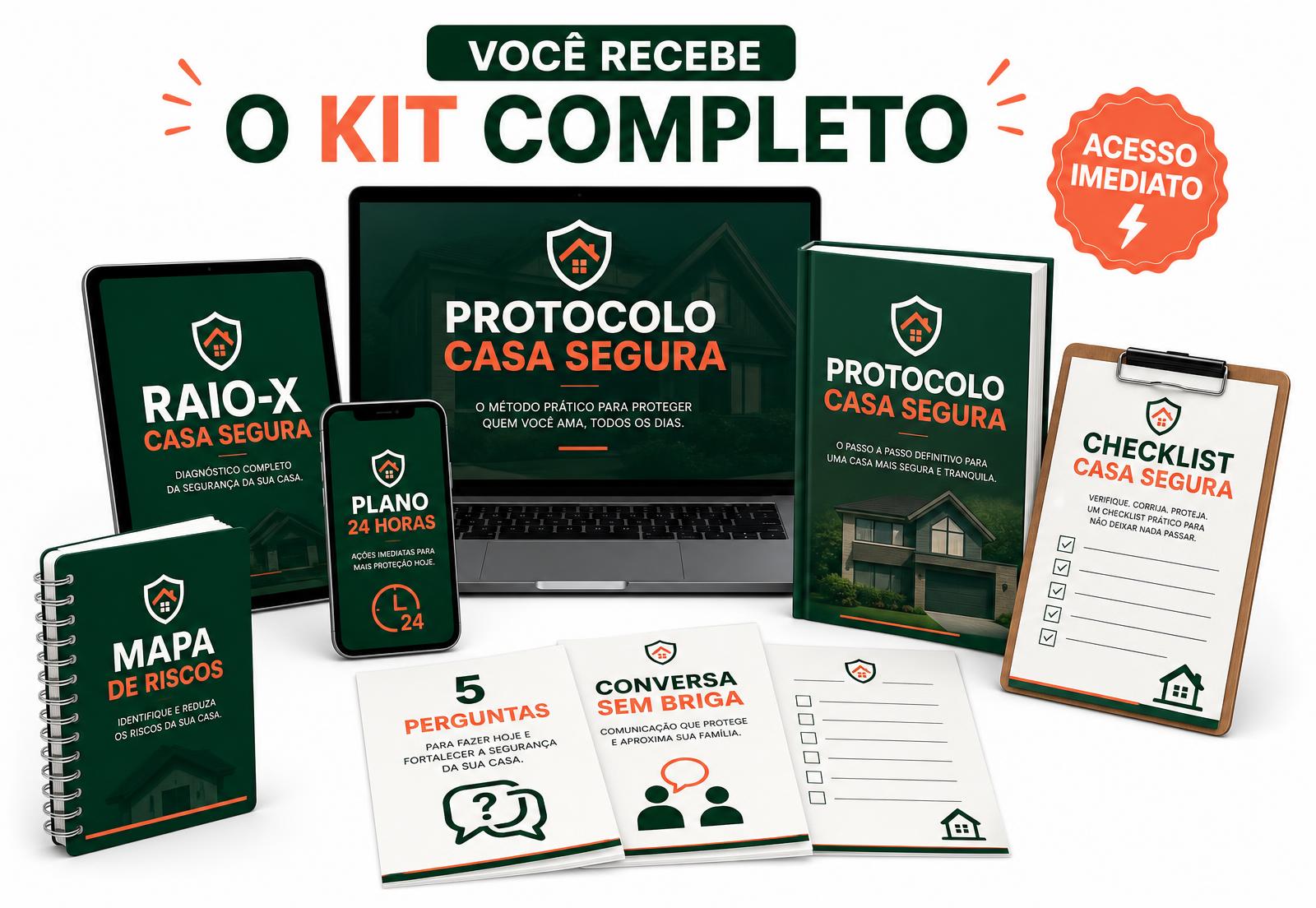 Kit completo Casa Segura: protocolo, checklist, raio-x, mapa de riscos, plano 24 horas, 5 perguntas e bônus